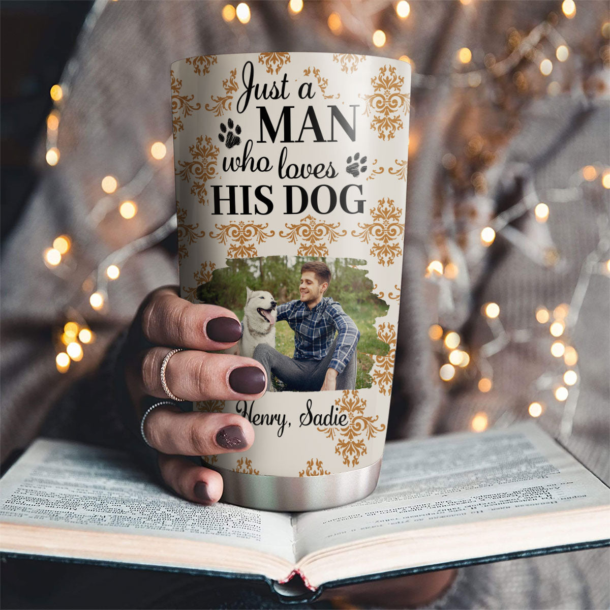 Custom Photo Christmas Birthday Gifts For Dog Dad, Dog Lovers • Pumskin Dog Autumn Ver Man Photo - Personalized Tumbler