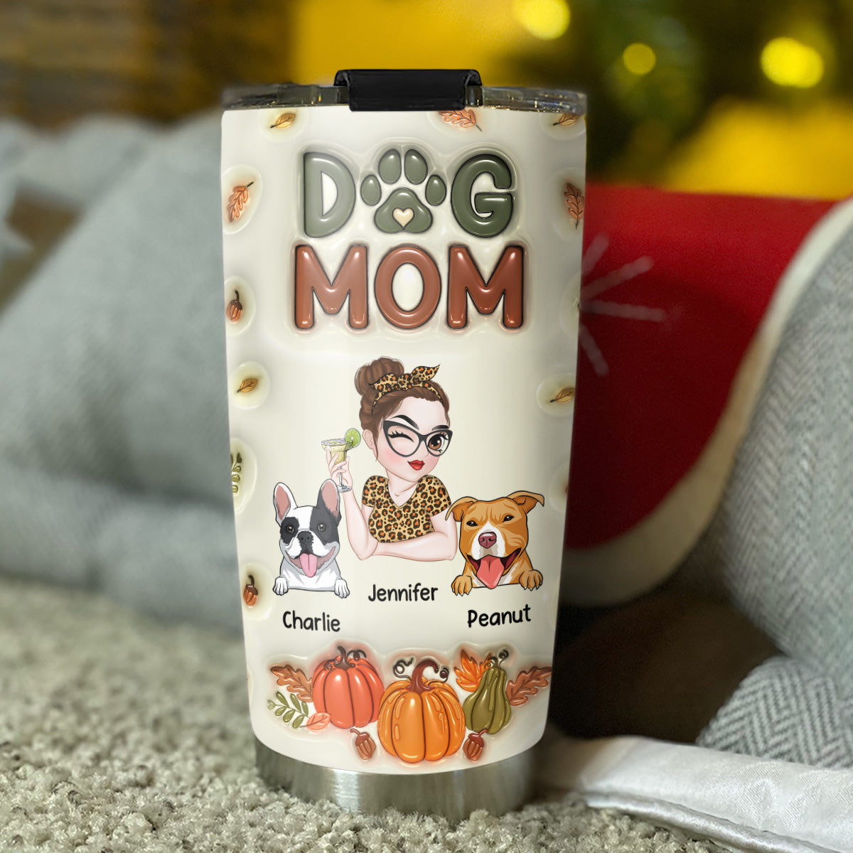 Custom Mother's day Birthday Gifts For Dog Mom, Dog Lovers • Dog Mom Autumn Version - Personalized 3D Inflated Effect Tumbler