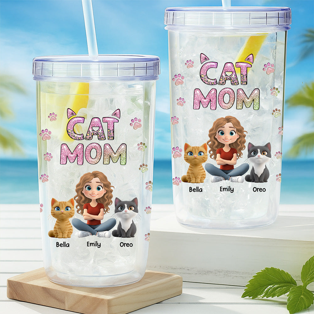 Custom Christmas Birthday Gifts For Cat Mom, Cat Lovers • Cat Mom Lovely Chibi - Personalized 14oz Plastic Tumbler
