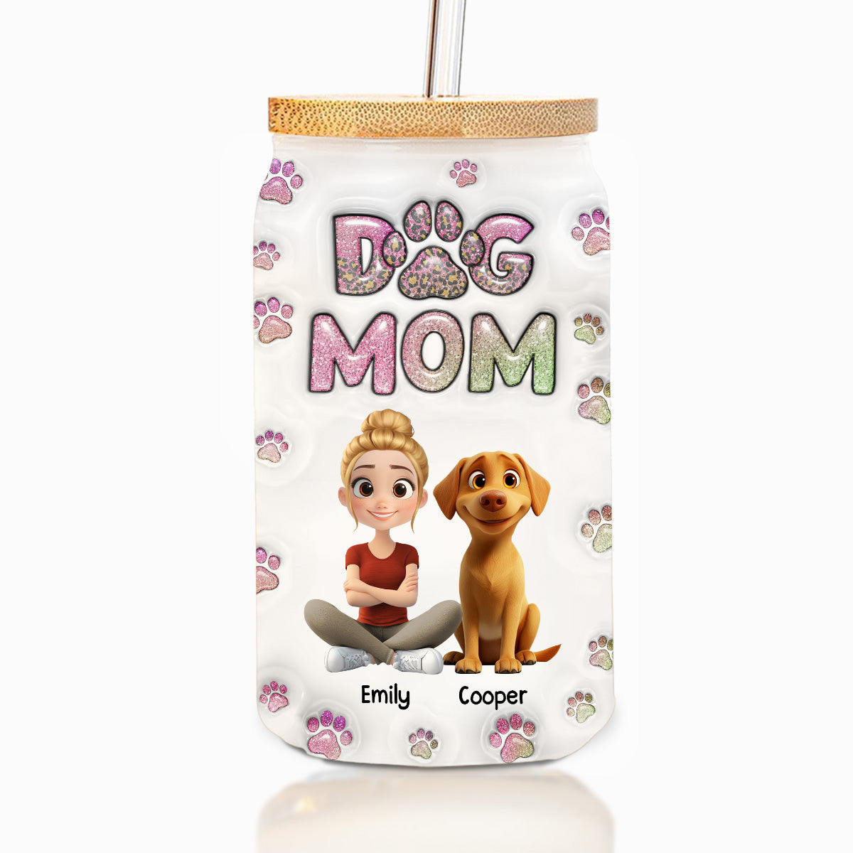 Dog Mom Lovely Chibi - Personalized 3D Inflated Effect Glass Can