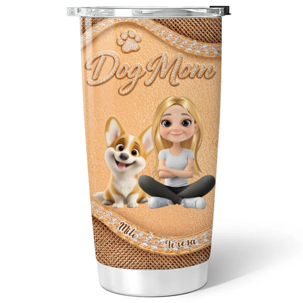Custom Christmas Birthday Gifts For Dog Mom, Dog Lovers • Gold Chibi Dog Mom - Personalized 3D Effect Tumbler
