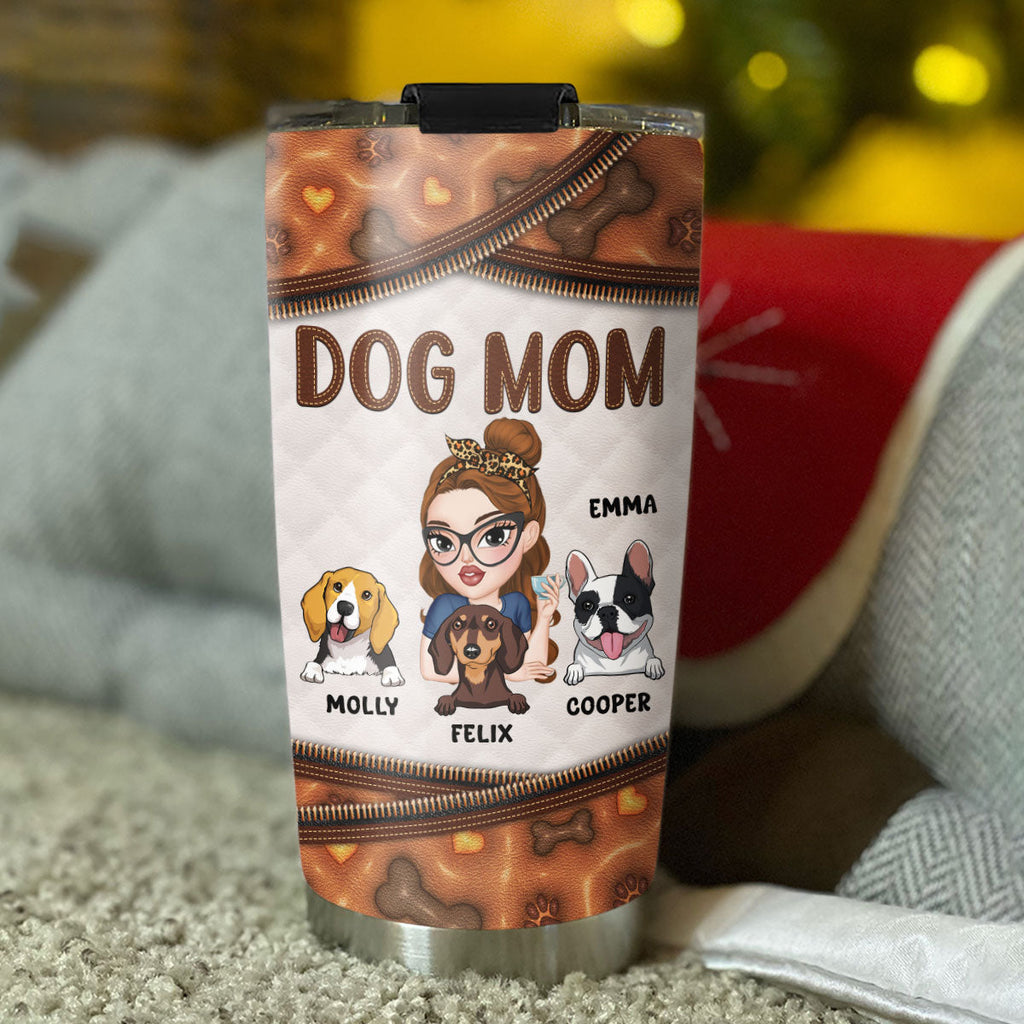 Custom Mother's day Birthday Gifts For Pet Mom, Pet Lovers • Leather Lovely Dog Mom - Personalized 3D Inflated Effect Tumbler