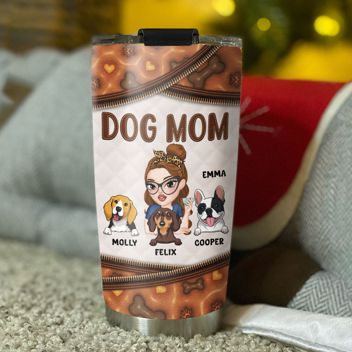 Custom Mother's day Birthday Gifts For Pet Mom, Pet Lovers • Leather Lovely Dog Mom - Personalized 3D Inflated Effect Tumbler