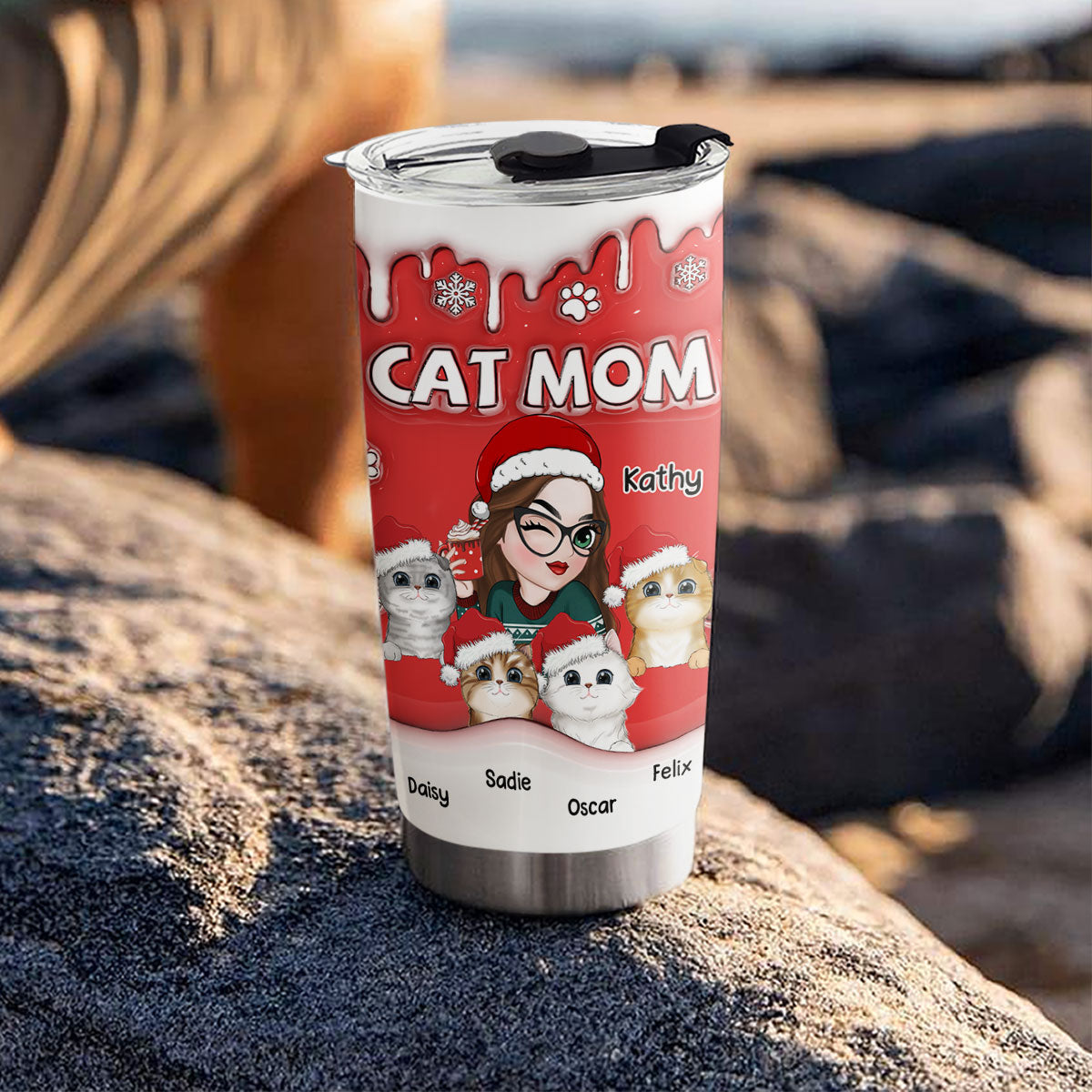 Custom Mother's day Birthday Gifts For Pet Mom, Pet Lovers • Christmas Mom Of Cats - Personalized 3D Inflated Effect Tumbler