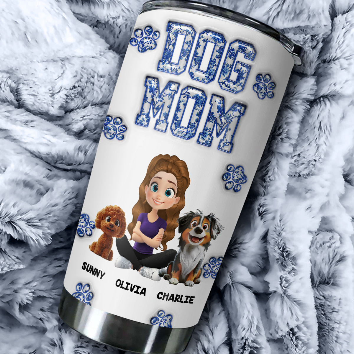 Custom Christmas Birthday Gifts For Dog Mom, Dog Lovers • Dog Mom Mum Blue - Personalized 3D Inflated Effect Tumbler