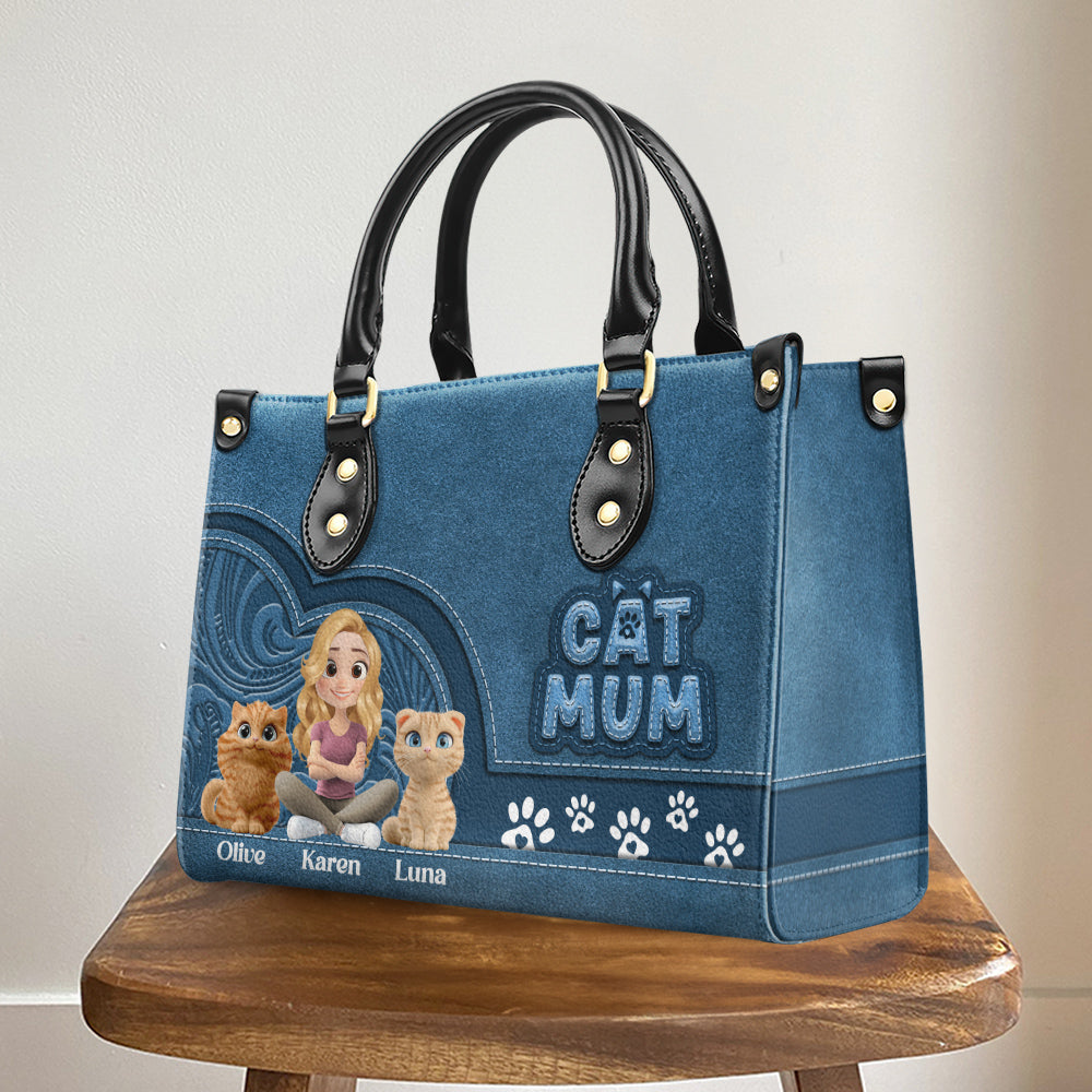 Chibi Cartoon Cat Mom - Personalized Leather Bag