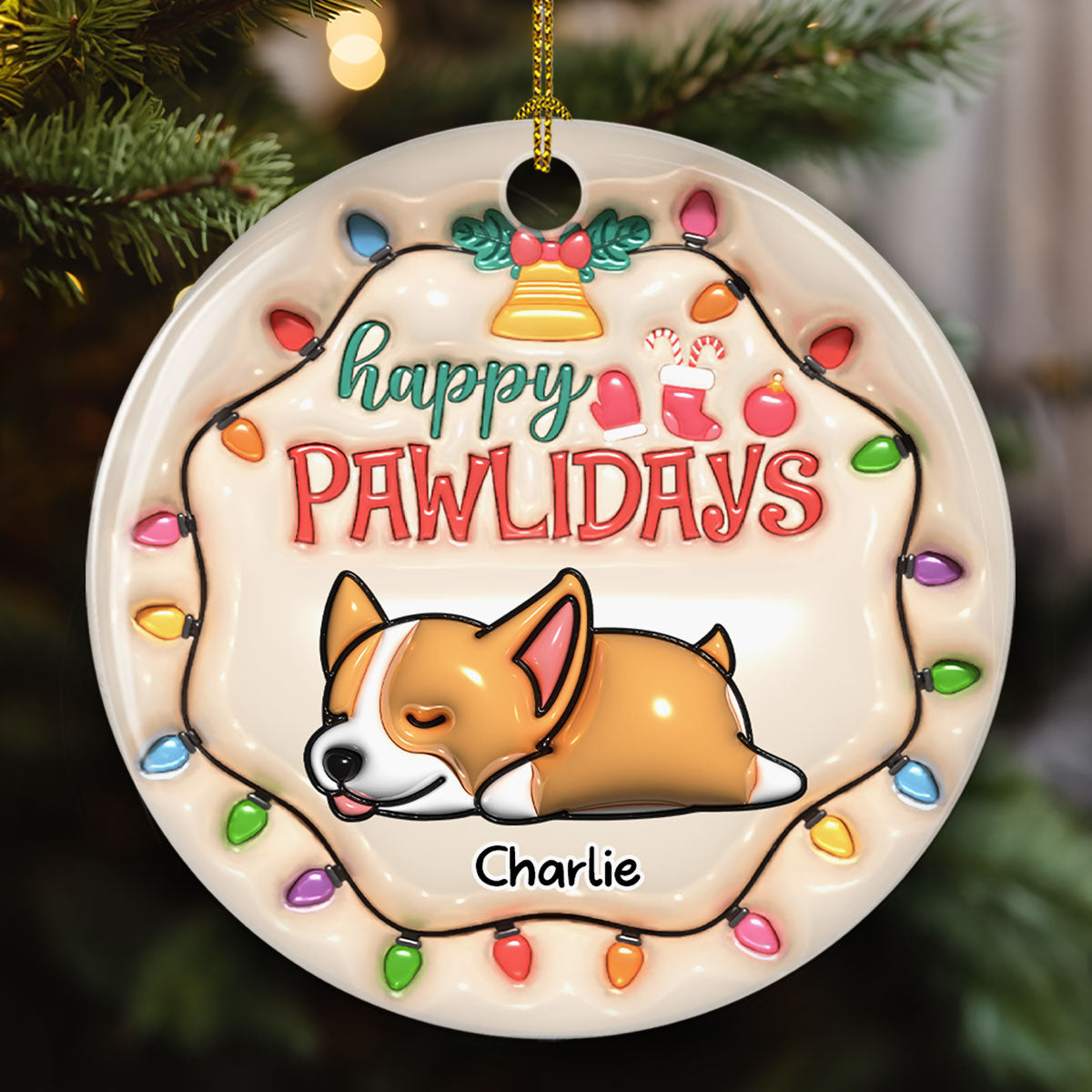 Custom Christmas Decor Home Birthday Gifts For Dog Lovers • Happy Pawlidays - Personalized 3D Inflated Effect Ceramic Ornament