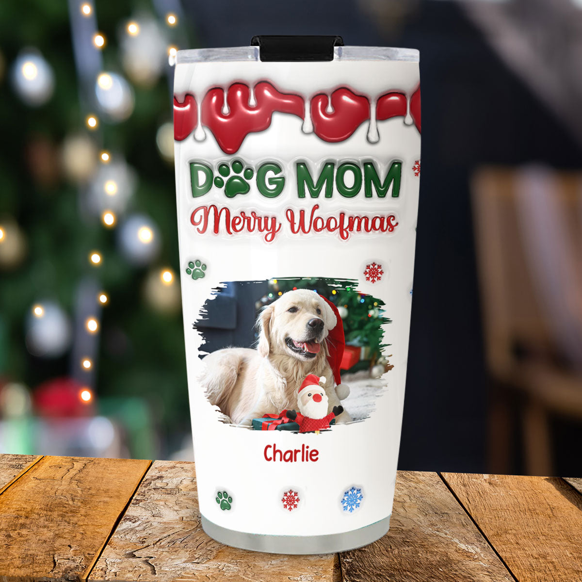 Custom Christmas Birthday Gifts For Pet Lovers • Merry Woofmas My Dog Mom Version Upload Photo - Personalized 3D Inflated Effect Tumbler