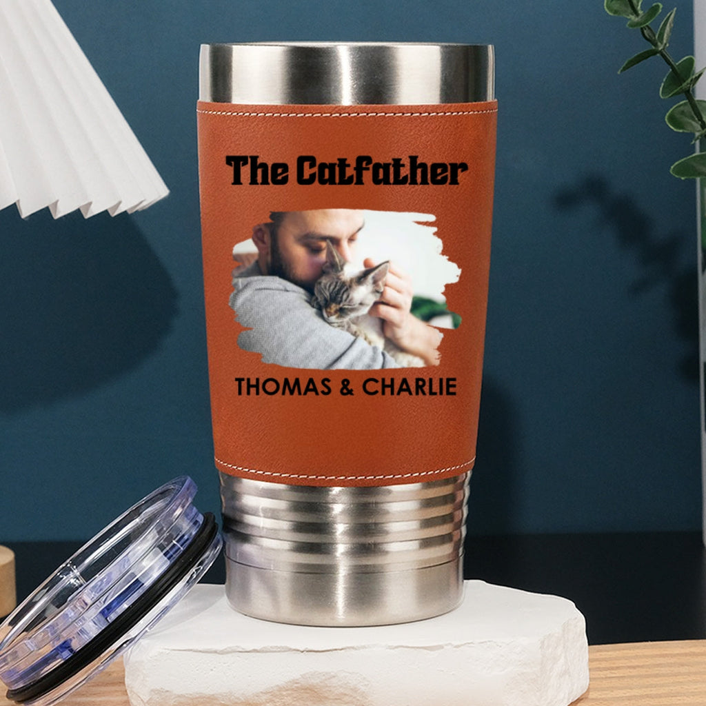 Custom Photo Father's day Birthday Gifts For Cat Dad, Cat Lovers • The Catfather Photo - Personalized Leather Tumbler