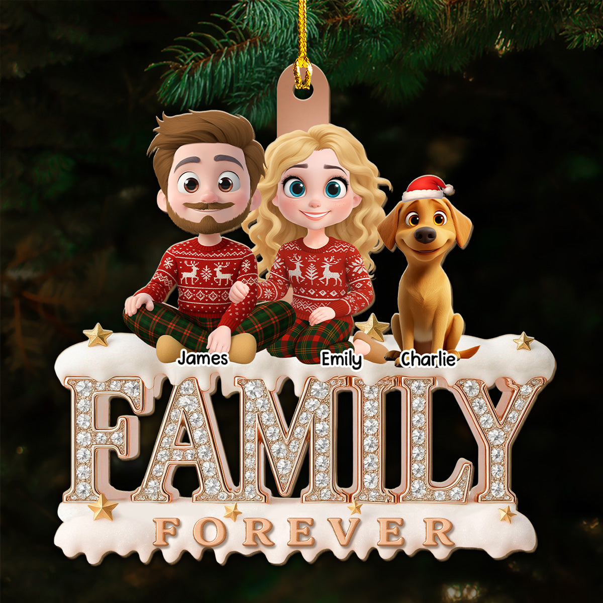 Custom Christmas Family Dog Dad And Mom • Forever Blessed With This Family - Personalized 3D Effect Wood Ornament