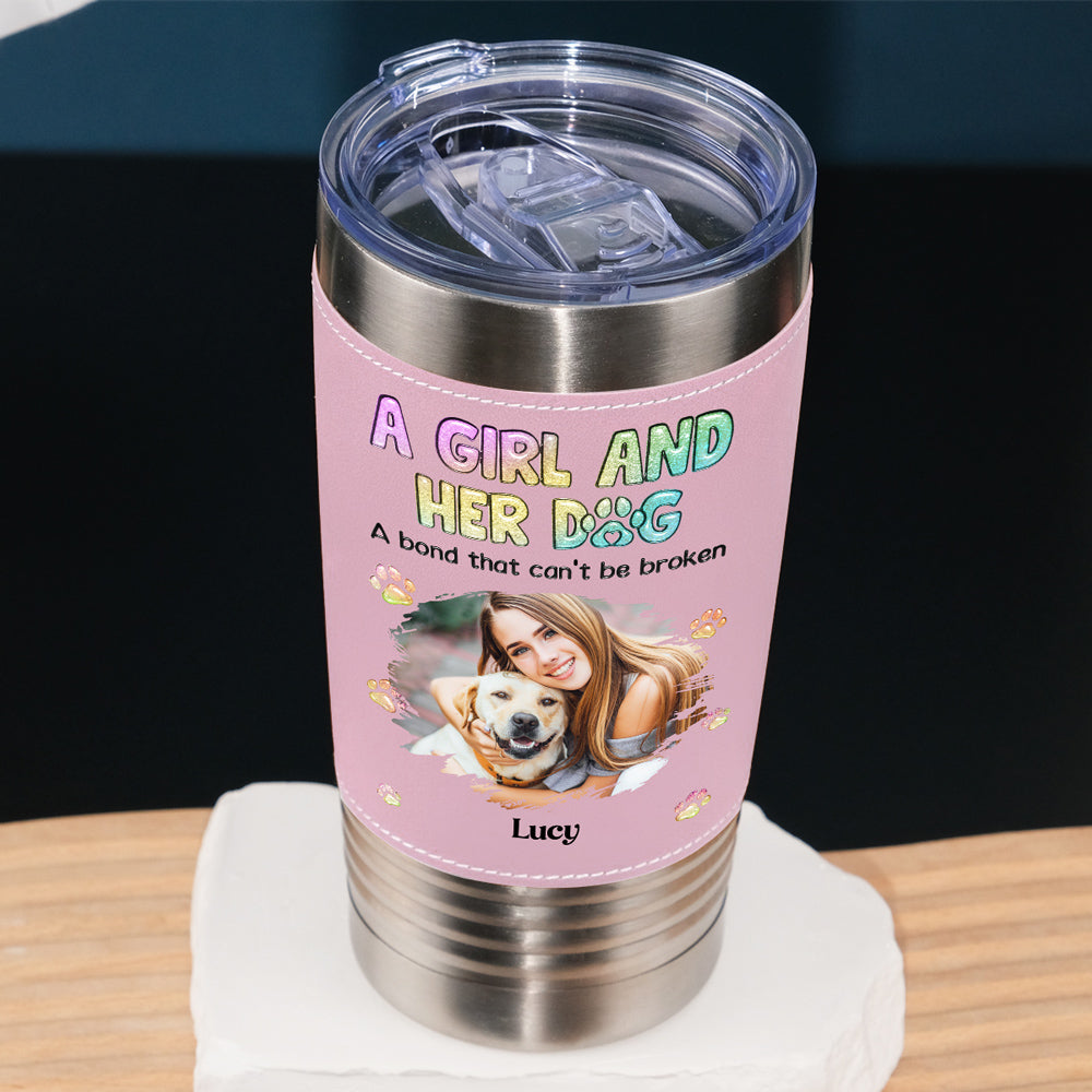 A Girl And Her Lovely Dog Photo - Personalized Pink Leather Tumbler