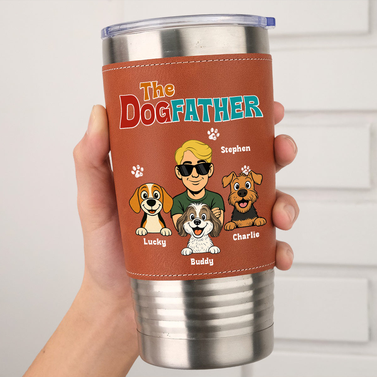 Custom Christmas Birthday Gifts For Dog Dad, Dog Lovers • Retro Dog Father - Personalized Leather Tumbler