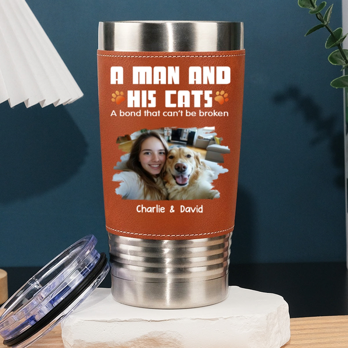 Custom Photo Christmas Birthday Gifts For Cat Lovers • Human And Their Cat Cartoon Christmas Photo - Personalized Leather Tumbler