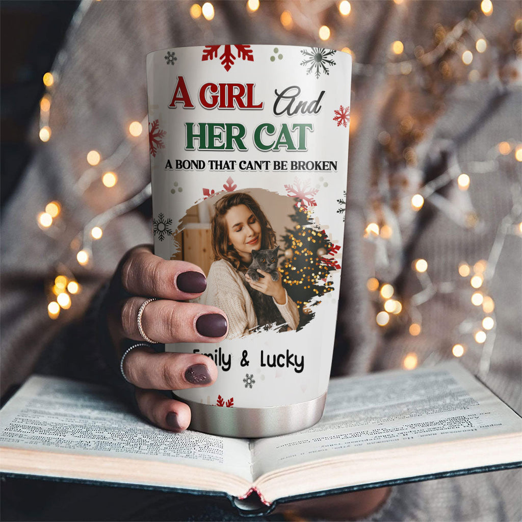Custom Photo Christmas Birthday Gifts For Cat Mom, Cat Lovers • A Girl And Her Cat Love Christmas Photo - Personalized Tumbler