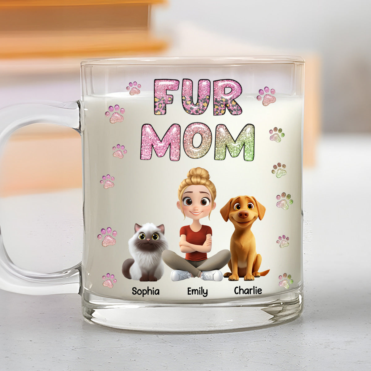 Custom Christmas Birthday Gifts For Dog Mom, Dog Lovers • Fur Mom Lovely Chibi - Personalized 3D Inflated Effect Glass Mug