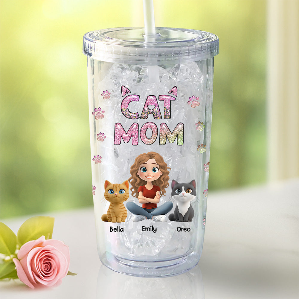 Custom Christmas Birthday Gifts For Cat Mom, Cat Lovers • Cat Mom Lovely Chibi - Personalized 14oz Plastic Tumbler