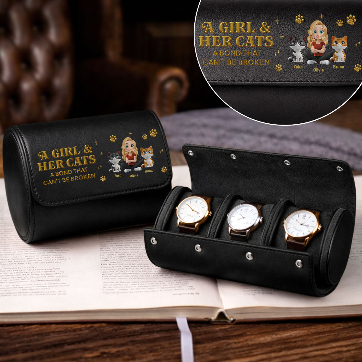 A Girl And Her Cat - Personalized Leather Watch Case