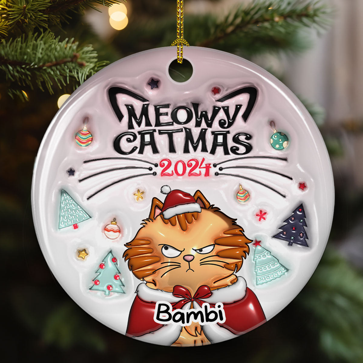 Custom Christmas Decor Home Birthday Gifts For Cat Lovers • Meowy Catmas - Personalized 3D Inflated Effect Ceramic Ornament