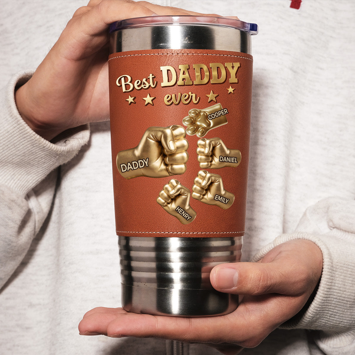 Custom Father's day Birthday Gifts For Dog Dad, Dog Lovers • Gold Best Dad Ver Paw 2 - Personalized Leather Tumbler
