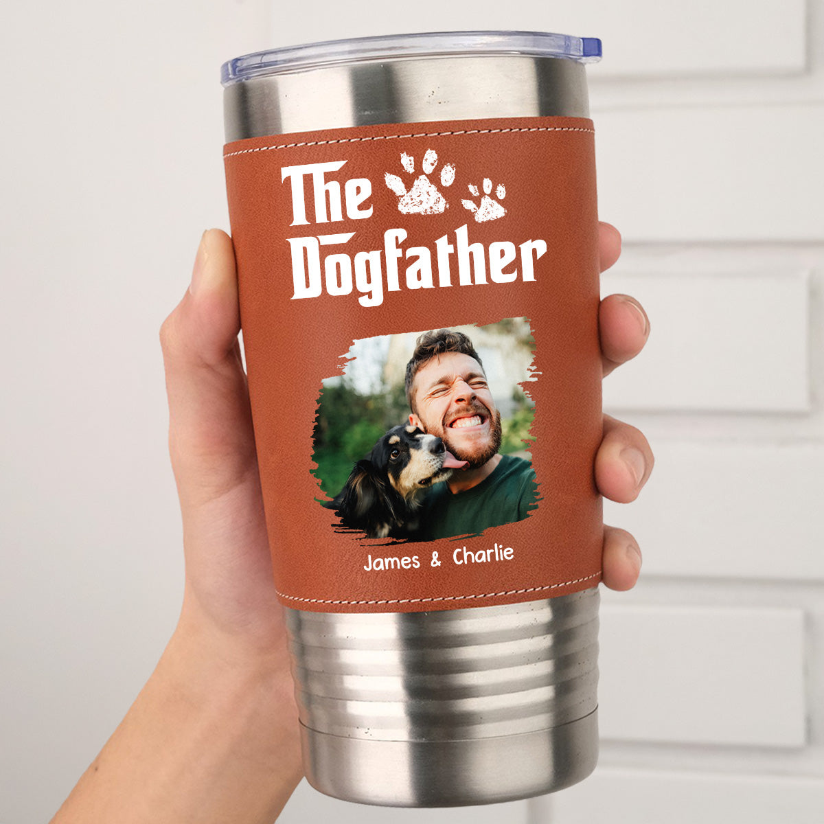 Custom Photo Christmas Birthday Gifts For Dog Dad, Dog Lovers • Cool Dog Father Photo - Personalized Leather Tumbler