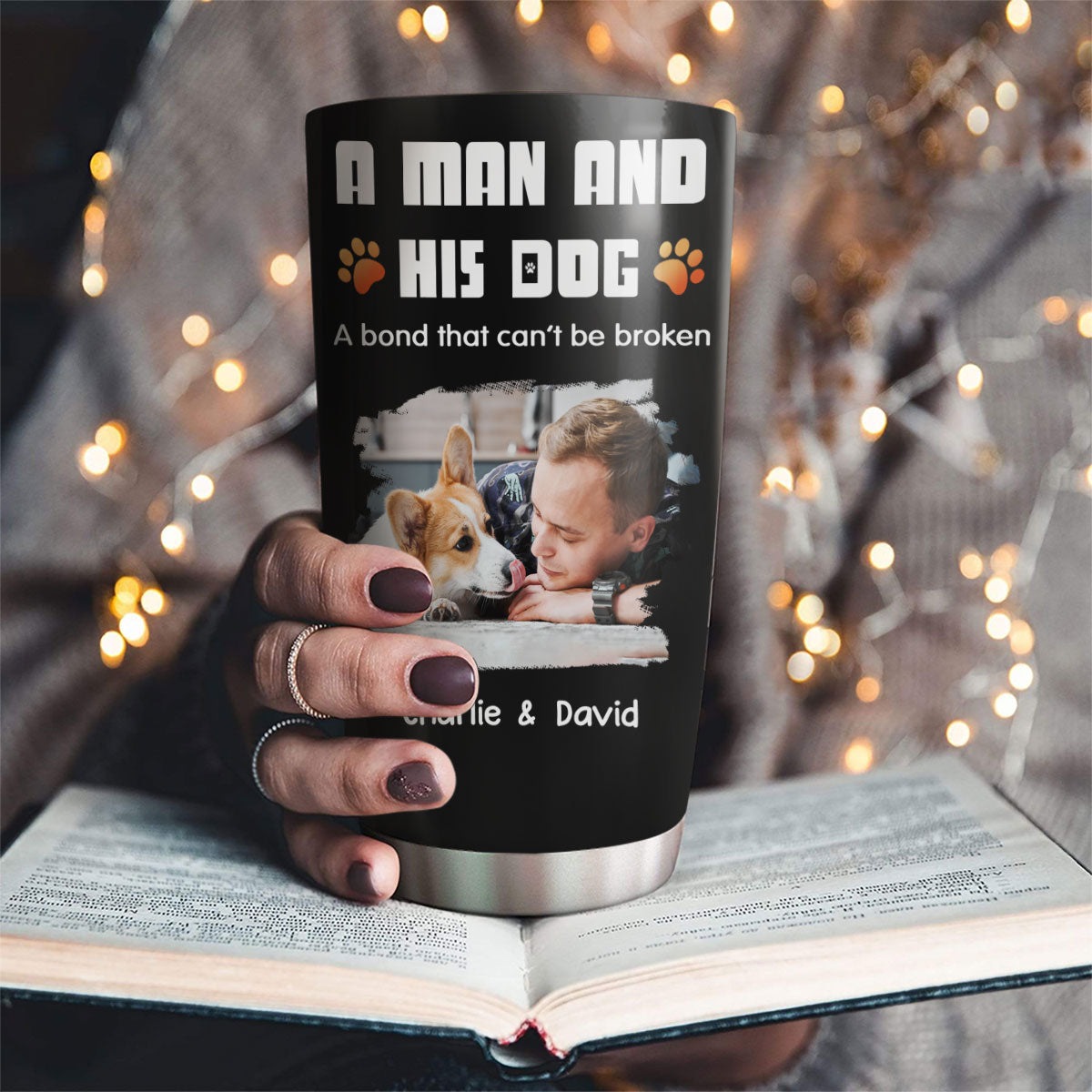 Custom Photo Christmas Birthday Gifts For Dog Lovers • Human And Their Dog Cartoon Christmas Photo - Personalized Tumbler