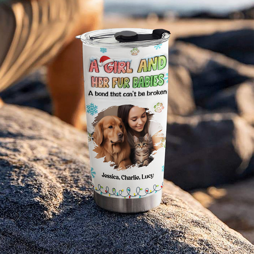 Custom Photo Christmas Birthday Gifts For Pet Mom, Pet Lovers • A Girl And Her Lovely Fur Baby Christmas Photo - Personalized 3D Inflated Effect Tumbler