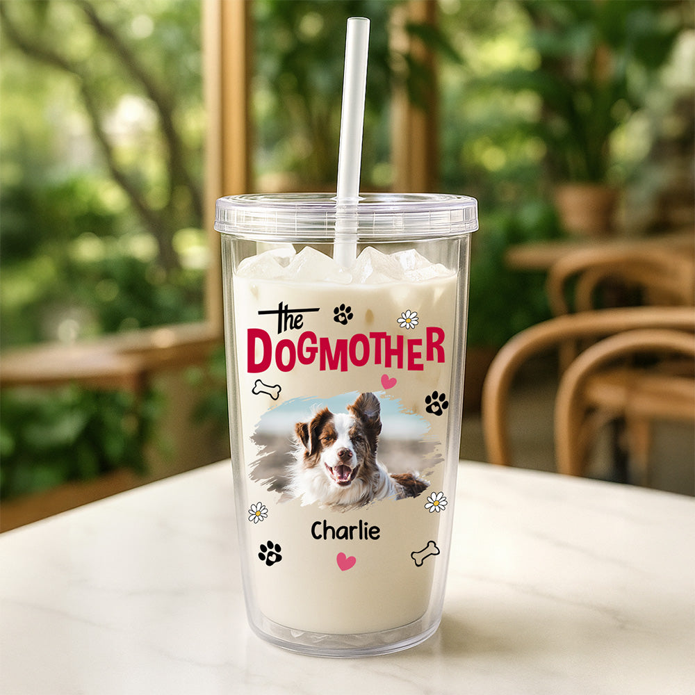 Custom Photo Christmas Birthday Gifts For Dog Mom, Dog Lovers • The Dogmother Photo - Personalized 14oz Plastic Tumbler