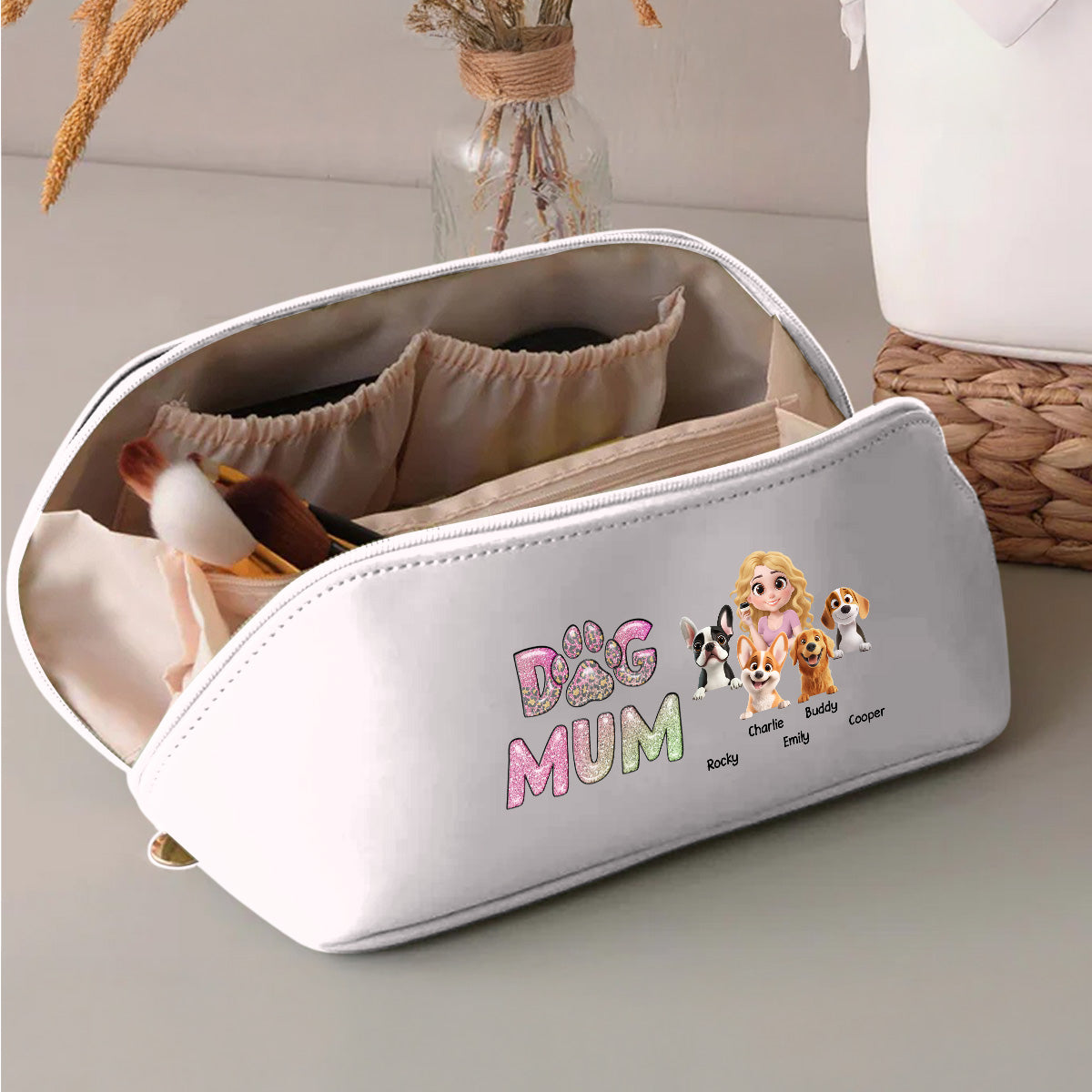 Dog Mom Lovely Chibi - Personalized Leather Makeup Bag