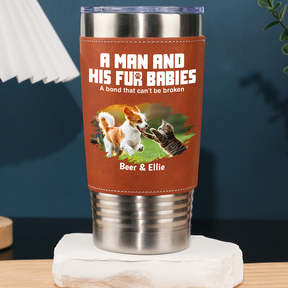 Custom Photo Father's day Birthday Gifts For Pet Dad, Pet Lovers • A Man And His Pets Photo - Personalized Leather Tumbler