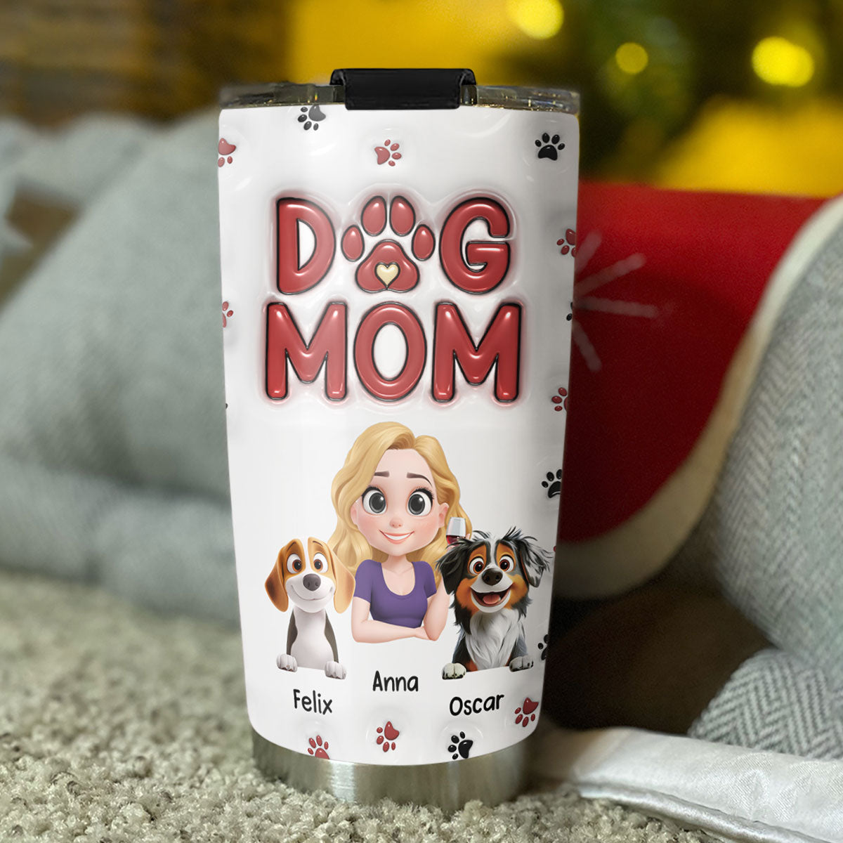 Custom Christmas Birthday Gifts For Dog Mom, Dog Lovers • Lovely Dog Mom Cartoon - Personalized 3D Inflated Effect Tumbler