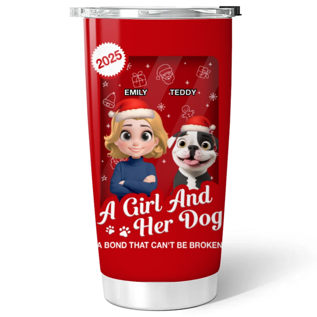 Custom Christmas Birthday Gifts For Dog Mom, Dog Lovers • A Woman And Her Dog Cartoon Christmas - Personalized Tumbler