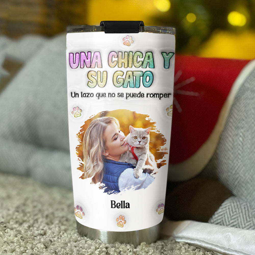 Custom Photo Christmas Birthday Gifts For Cat Mom, Cat Lovers • Foto de una chica y su gato – Vaso térmico personalizado con efecto 3D inflado