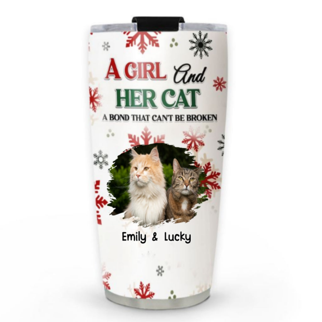 Custom Photo Christmas Birthday Gifts For Cat Mom, Cat Lovers • A Girl And Her Cat Love Christmas Photo - Personalized Tumbler