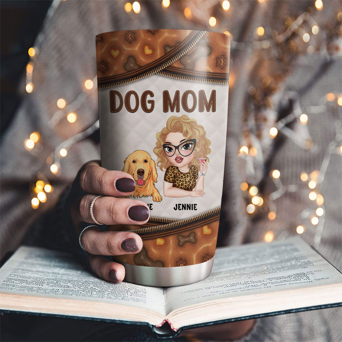 Custom Mother's day Birthday Gifts For Pet Mom, Pet Lovers • Leather Lovely Dog Mom - Personalized 3D Inflated Effect Tumbler