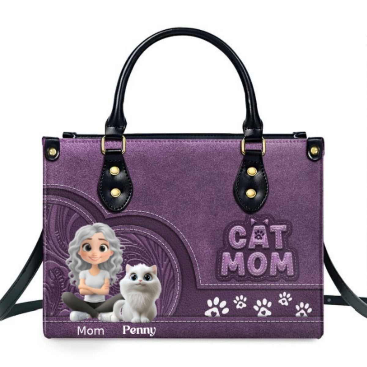 Chibi Cartoon Cat Mom - Personalized Leather Bag