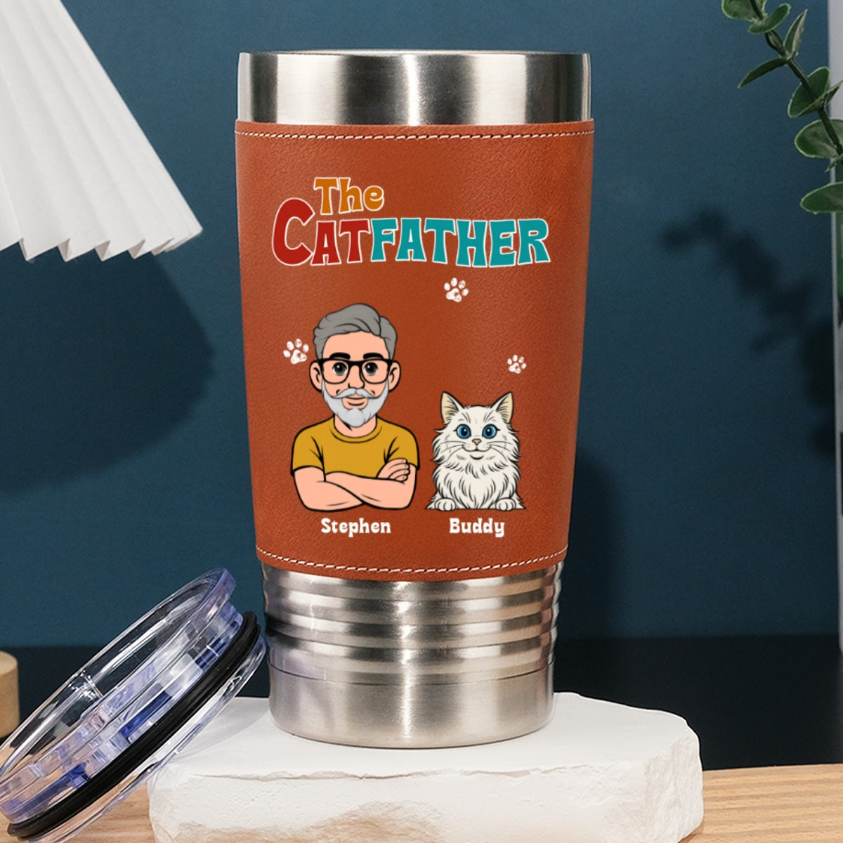 Custom Christmas Birthday Gifts For Cat Dad, Cat Lovers • Retro Cat Father - Personalized Leather Tumbler