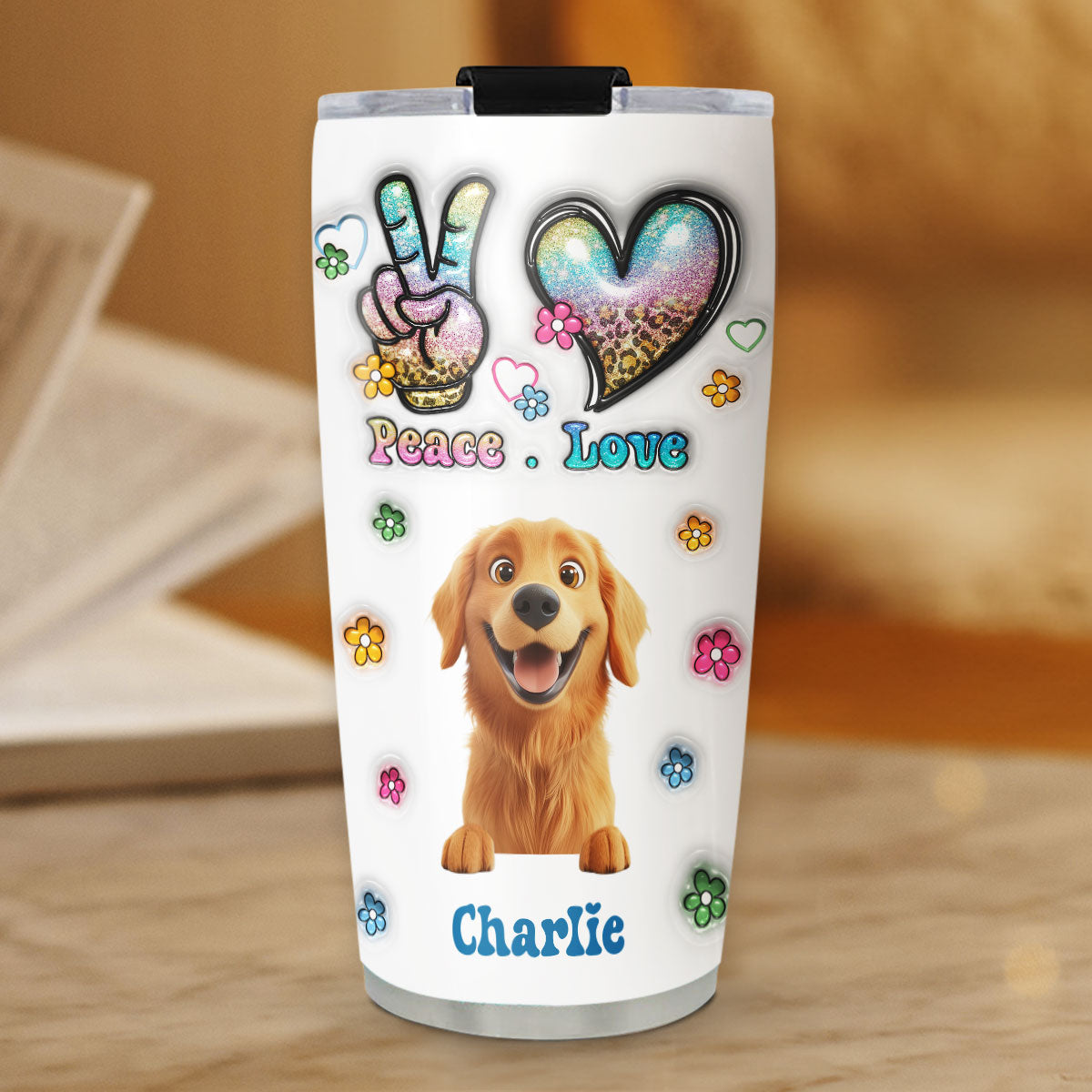 Custom Christmas Birthday Gifts For Dog Lovers • Peace Love Dog - Personalized 3D Inflated Effect Tumbler