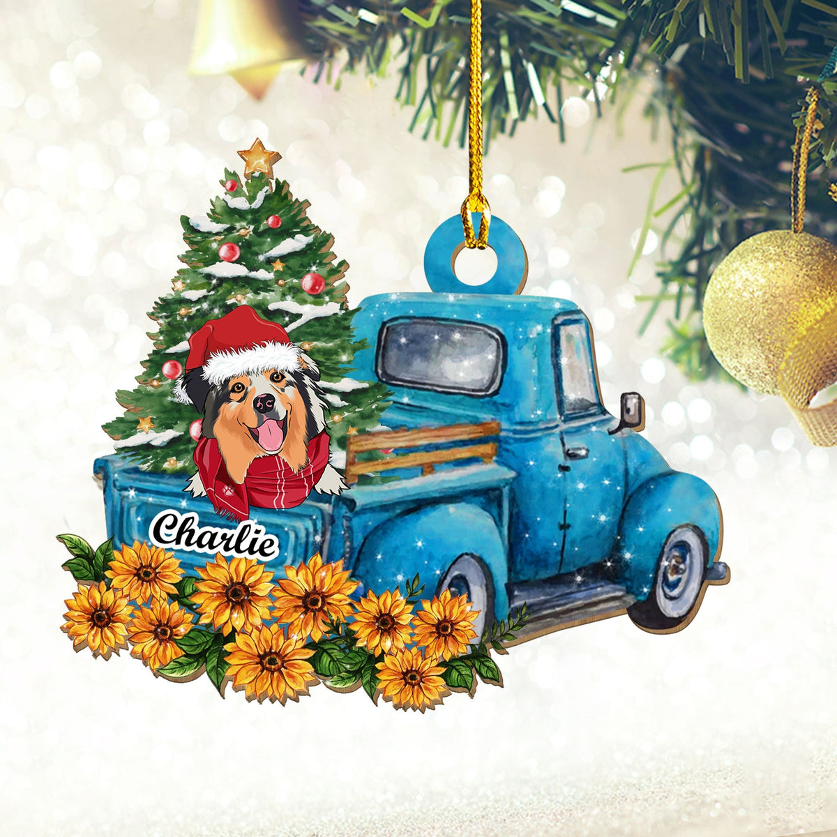 Blue Car Peeking Dog - Personalized 1-layered Wood Ornament