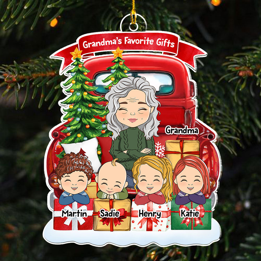 Grandma And Grandkids On Red Truck (Version 7-12 Kids) - Personalized Acrylic Ornament
