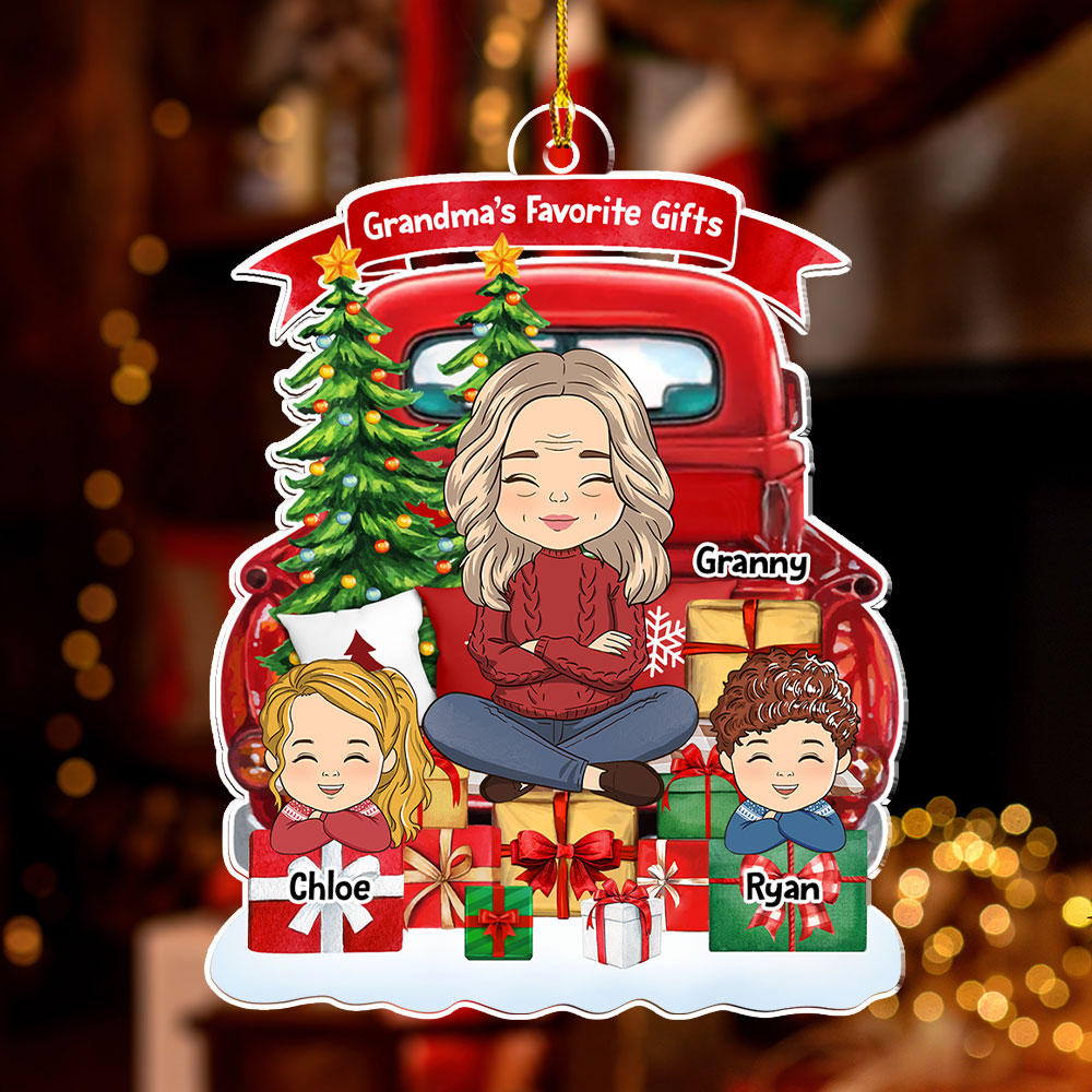 Grandma And Grandkids On Red Truck (Version 7-12 Kids) - Personalized Acrylic Ornament