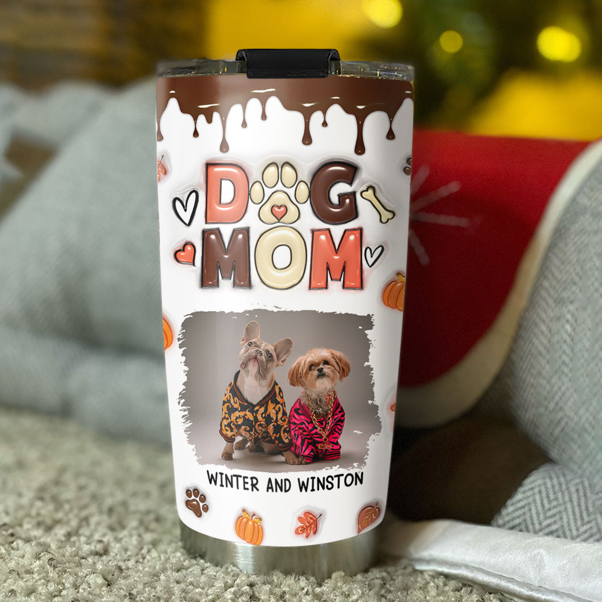Custom Mother's day Birthday Gifts For Dog Mom, Dog Lovers • Mom Of Dogs Fall Season Photo - Personalized 3D Inflated Effect Tumbler