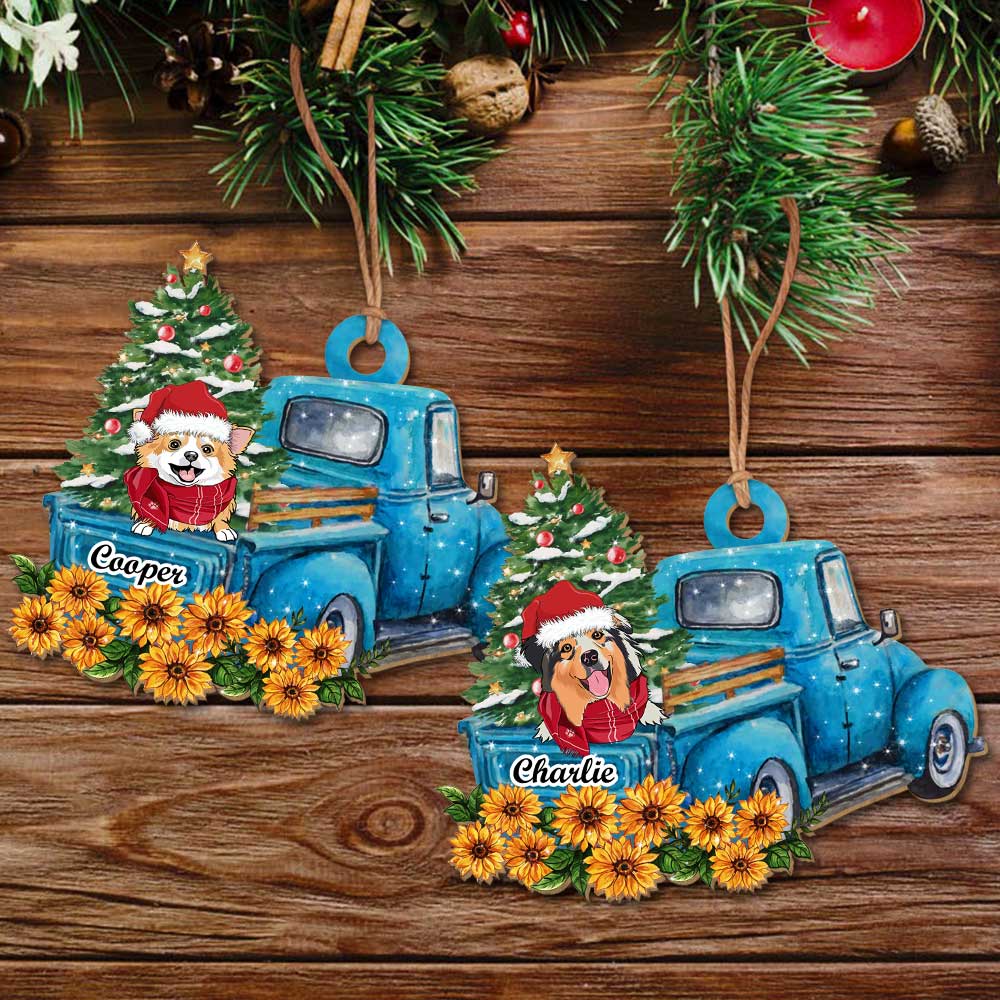 Blue Car Peeking Dog - Personalized 1-layered Wood Ornament