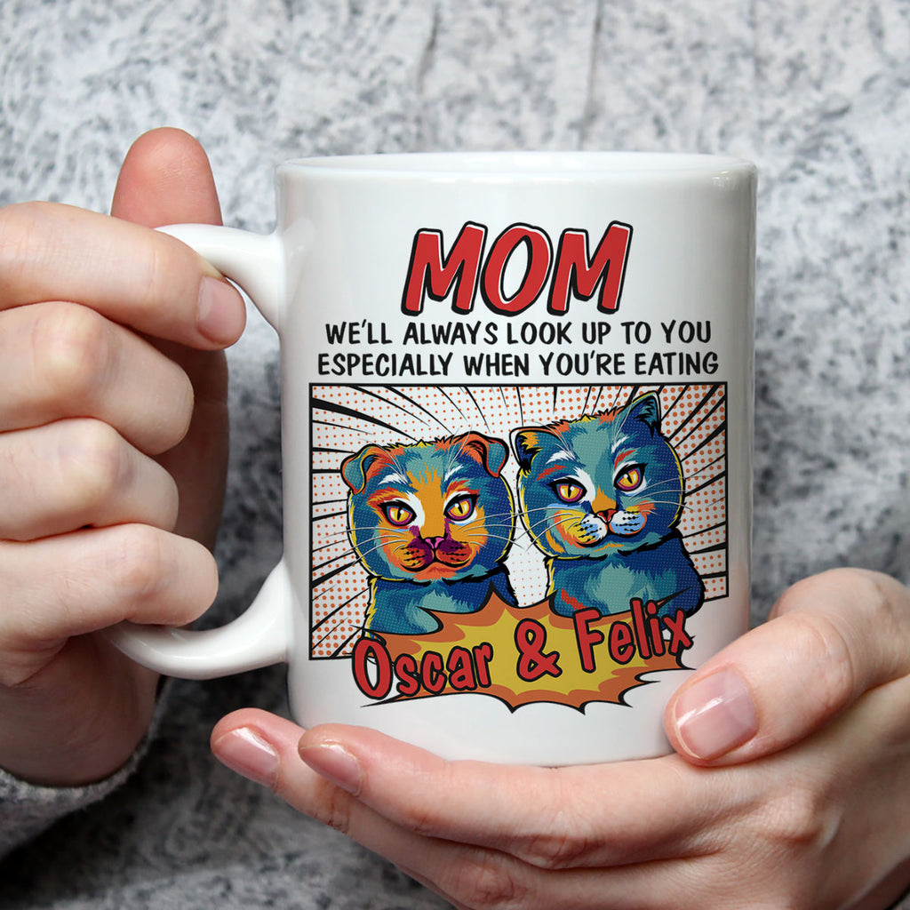 Custom Mother's day Birthday Gifts For Cat Mom, Cat Lovers • Pop Art Eating Pet - Personalized Coffee Mug