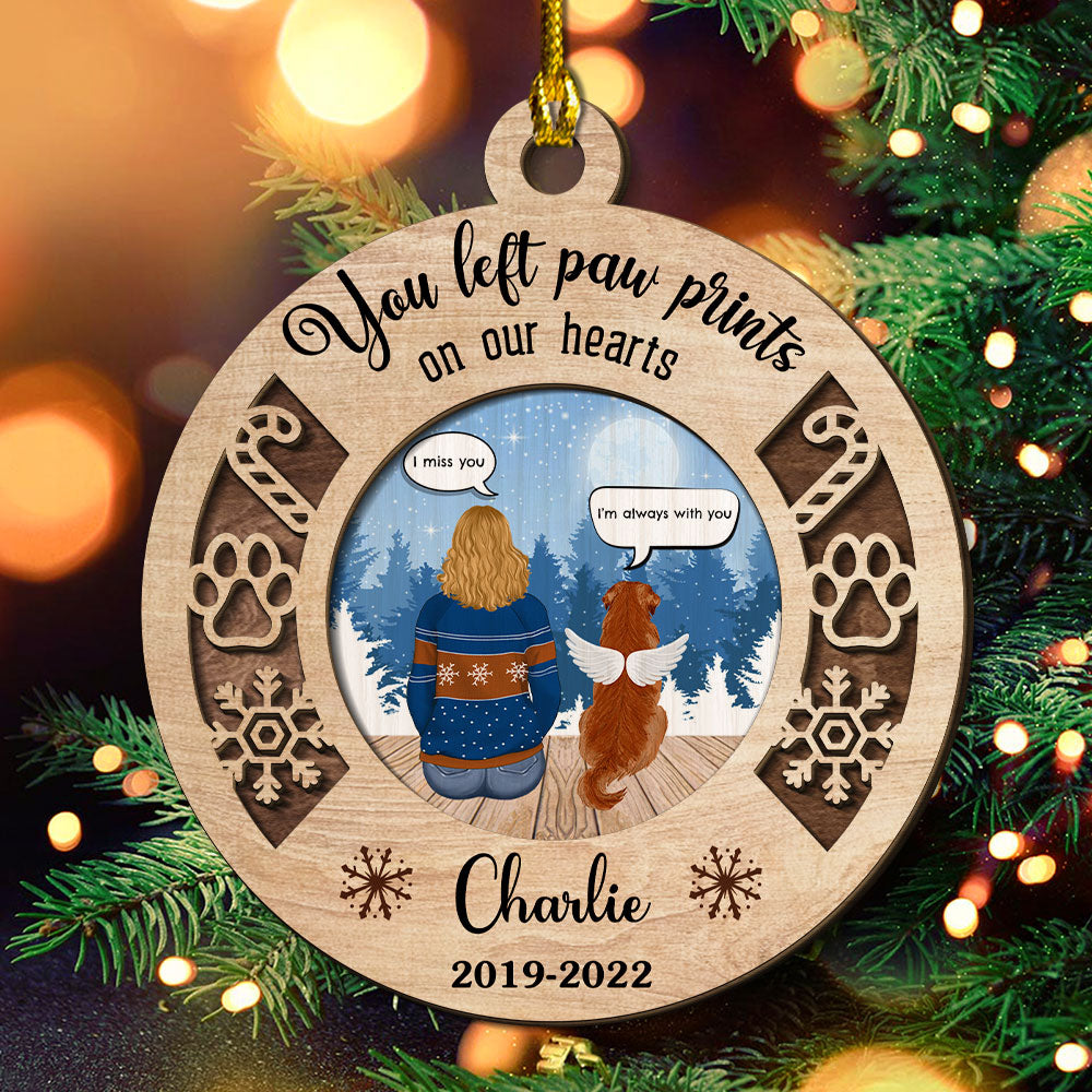 Custom Christmas Memorial Sympathy Gifts For Dogs, Cats • You Left Paw Prints Memorial Ornament - Personalized 2-layered Wood Ornament