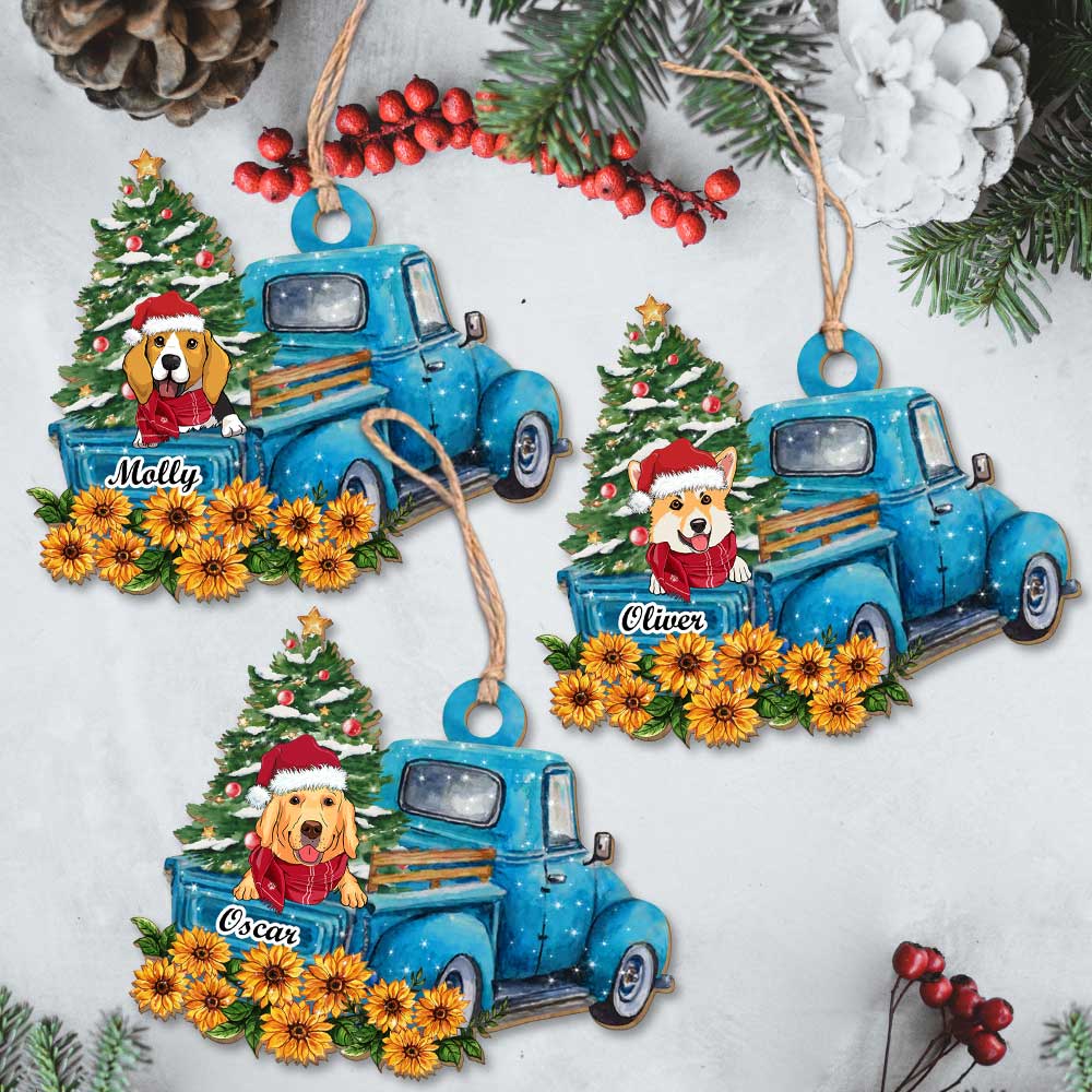 Blue Car Peeking Dog - Personalized 1-layered Wood Ornament