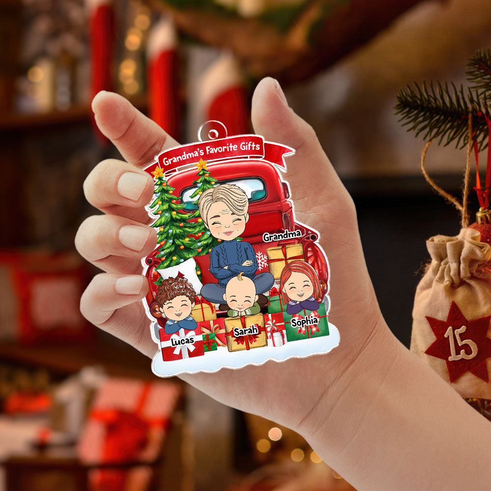 Grandma And Grandkids On Red Truck (Version 7-12 Kids) - Personalized Acrylic Ornament