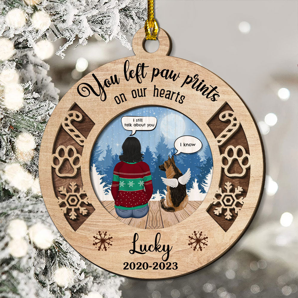 Custom Christmas Memorial Sympathy Gifts For Dogs, Cats • You Left Paw Prints Memorial Ornament - Personalized 2-layered Wood Ornament