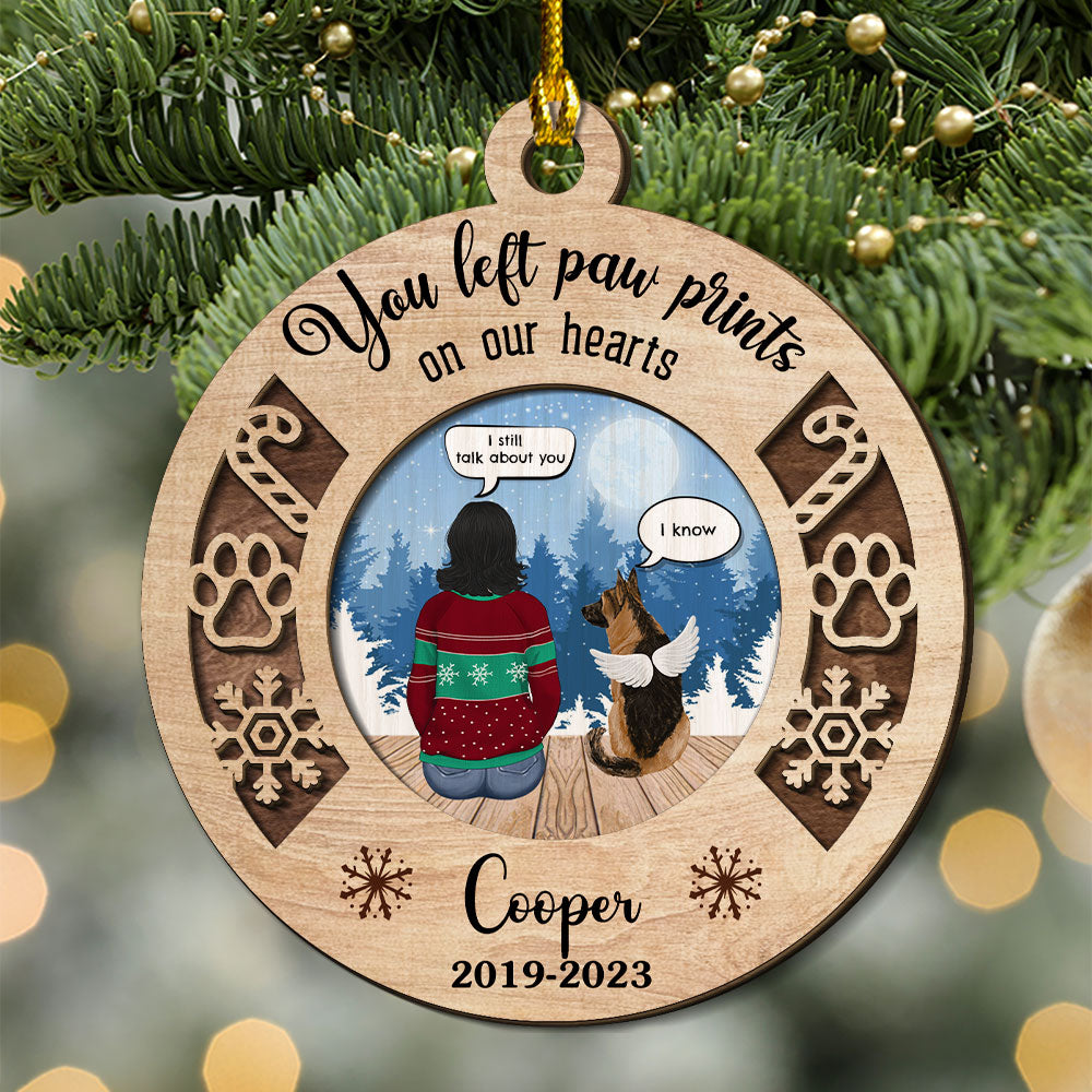 Custom Christmas Memorial Sympathy Gifts For Dogs, Cats • You Left Paw Prints Memorial Ornament - Personalized 2-layered Wood Ornament
