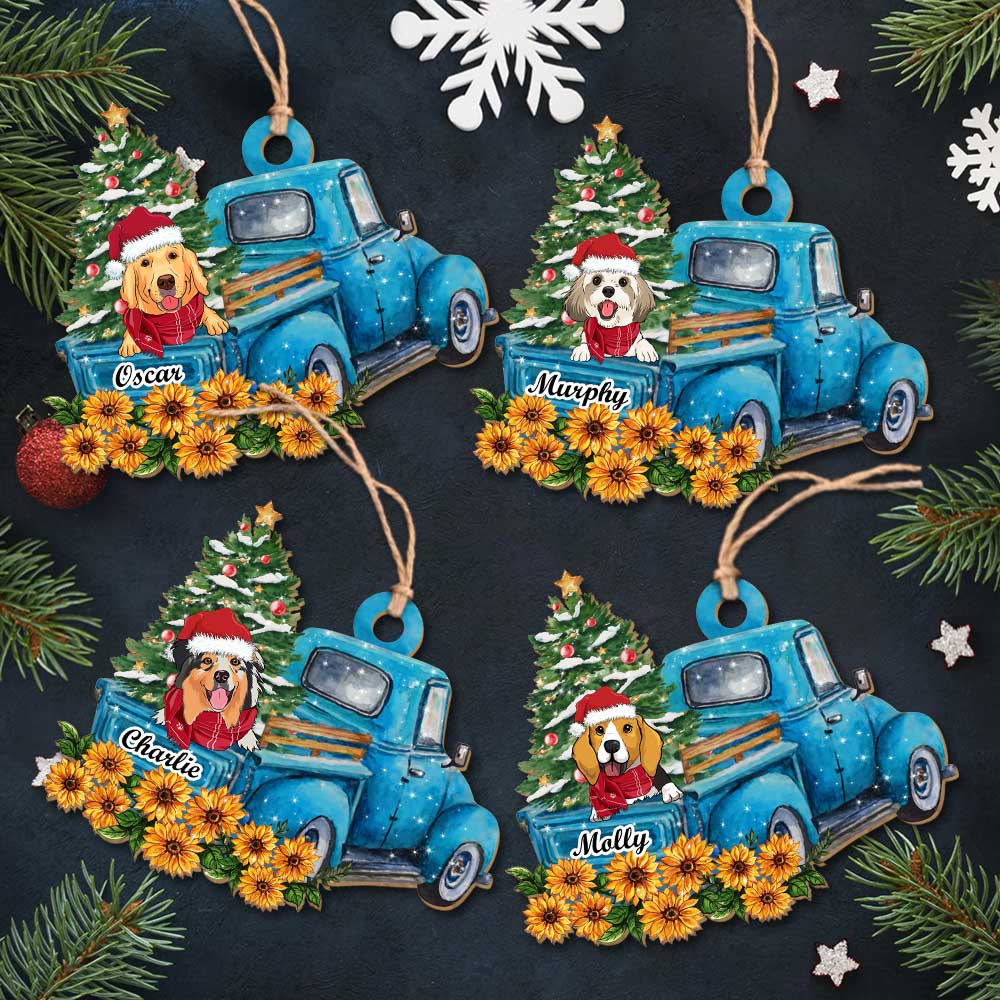 Blue Car Peeking Dog - Personalized 1-layered Wood Ornament