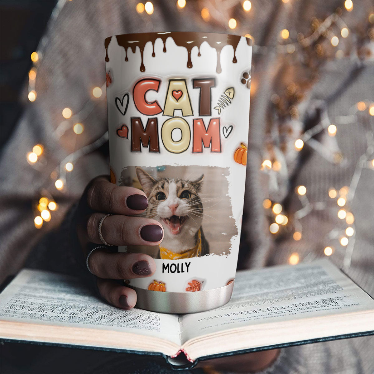 Custom Mother's day Birthday Gifts For Cat Mom, Cat Lovers • Mom Of Cats Fall Season Photo - Personalized 3D Inflated Effect Tumbler